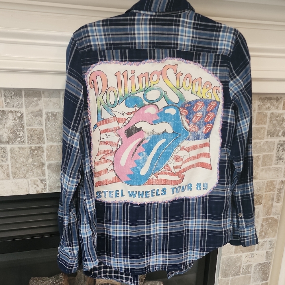 Blue and Red Graphic Long Sleeve Button Down Shirt Rolling Stones